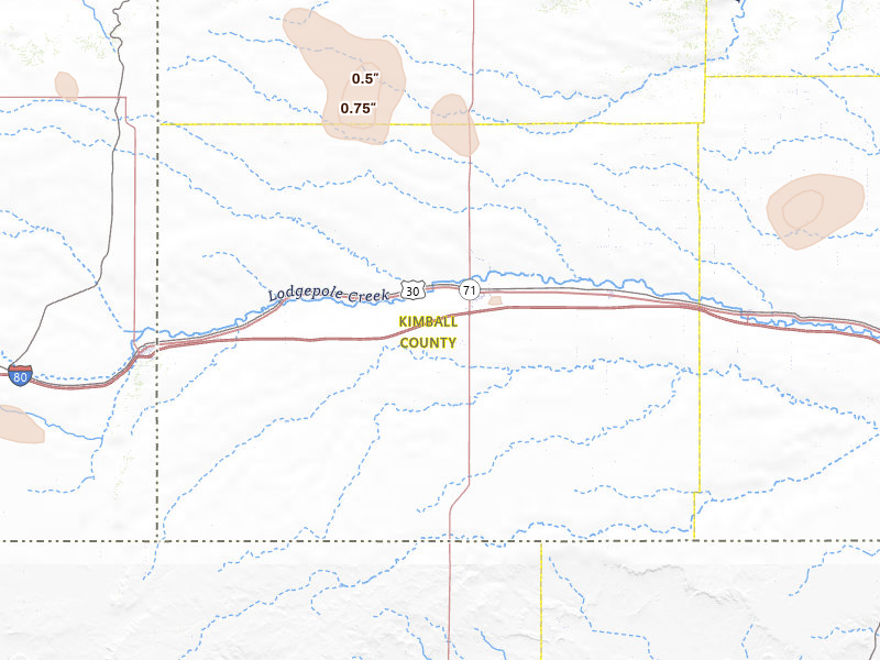 Radar-estimated hail-size map of the storm over Kimball, NE on Jul 9, 2026