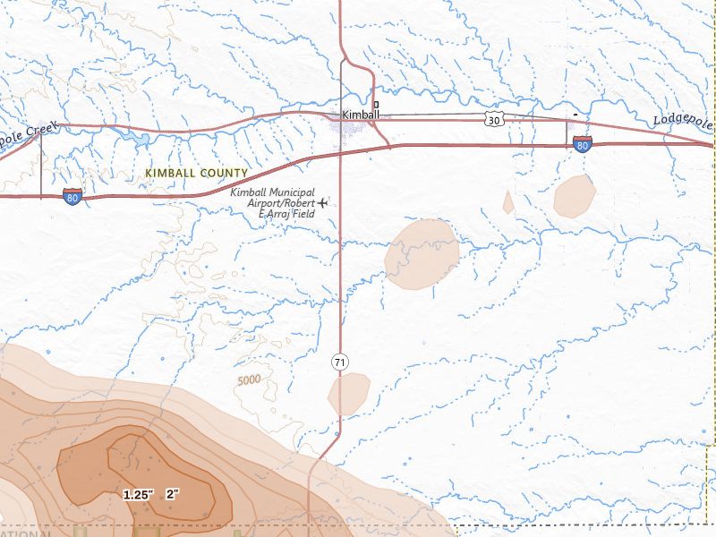 Radar-estimated hail-size map of the storm over Kimball, NE on Aug 12, 2026