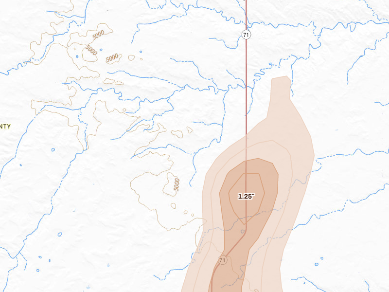 Radar-estimated hail-size map of the storm over Kimball, NE on Aug 15, 2026