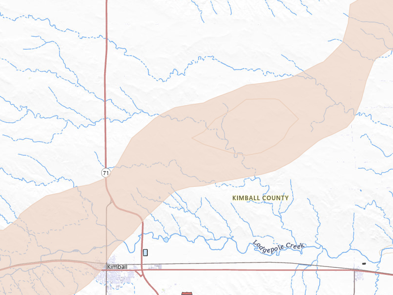 Radar-estimated hail-size map of the storm over Kimball, NE on Aug 22, 2026
