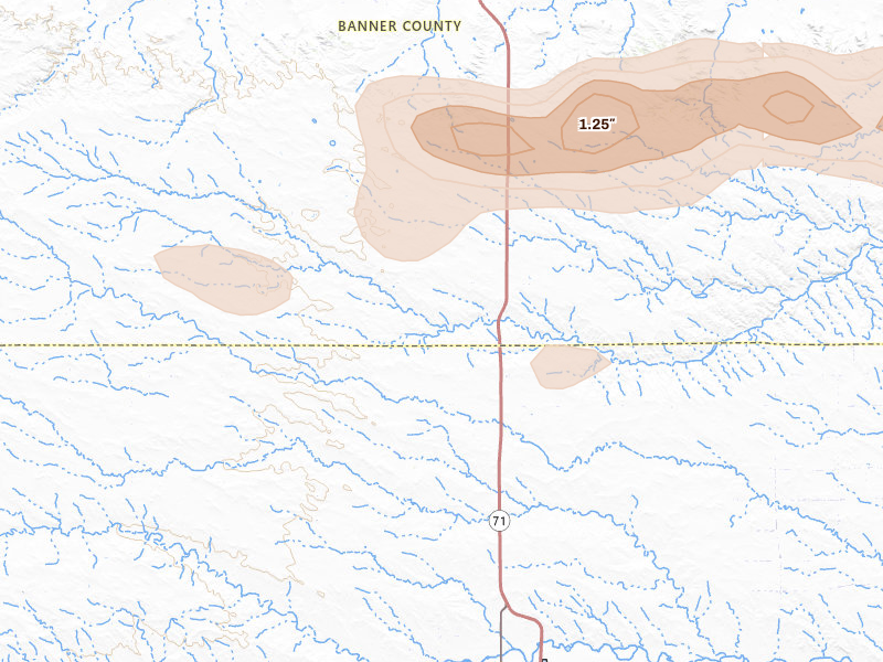 Radar-estimated hail-size map of the storm over Kimball, NE on Aug 25, 2026