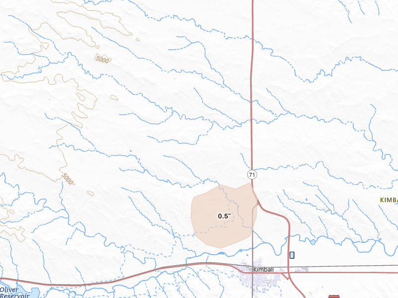 Radar-estimated hail-size map of the storm over Kimball, NE on Sep 2, 2026