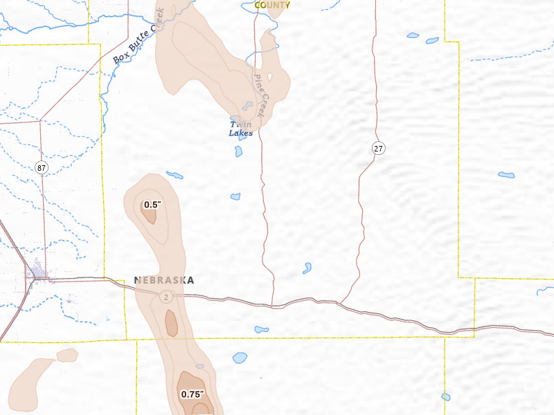 Radar-estimated hail-size map of the storm over Lakeside, NE on May 30, 2026