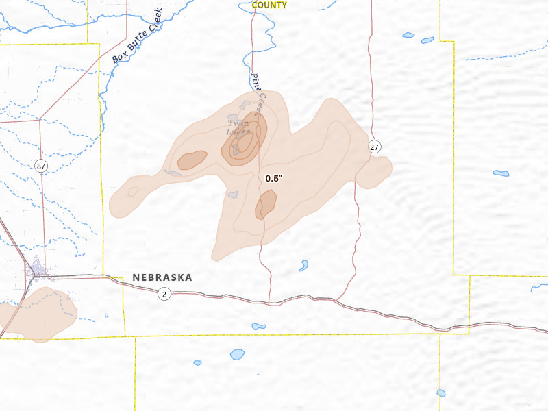 Radar-estimated hail-size map of the storm over Lakeside, NE on Jun 8, 2026