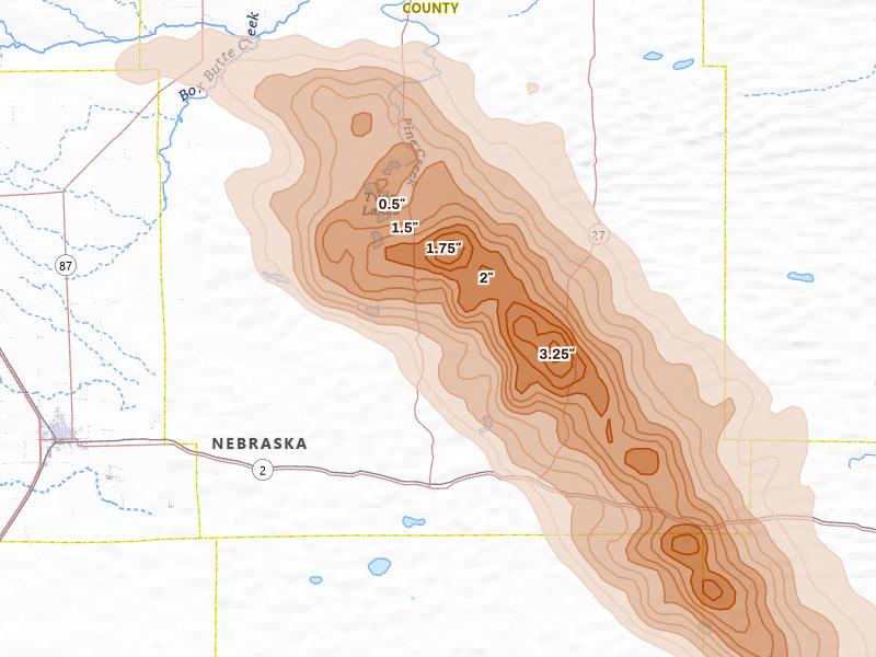Radar-estimated hail-size map of the storm over Lakeside, NE on Jun 22, 2026