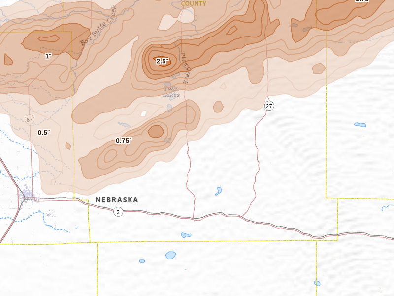 Radar-estimated hail-size map of the storm over Lakeside, NE on Jun 27, 2026