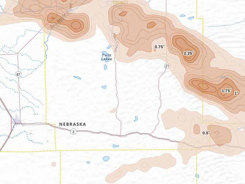 Radar-estimated hail-size map of the storm over Lakeside, NE on Jul 3, 2026