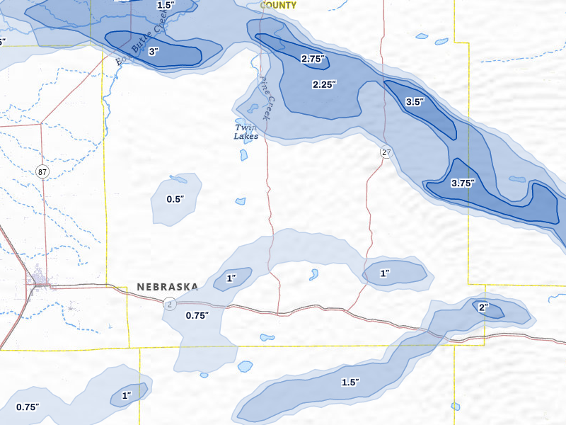 NEXRAD radar-signature map of the hail storm over Lakeside, NE on Jul 3, 2026