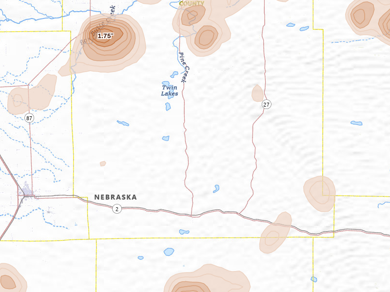 Radar-estimated hail-size map of the storm over Lakeside, NE on Jul 6, 2026