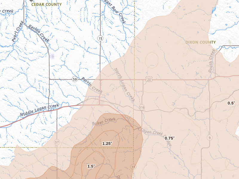 Radar-estimated hail-size map of the storm over Laurel, NE on Jun 29, 2026