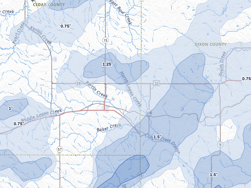 NEXRAD radar-signature map of the hail storm over Laurel, NE on Jun 29, 2026