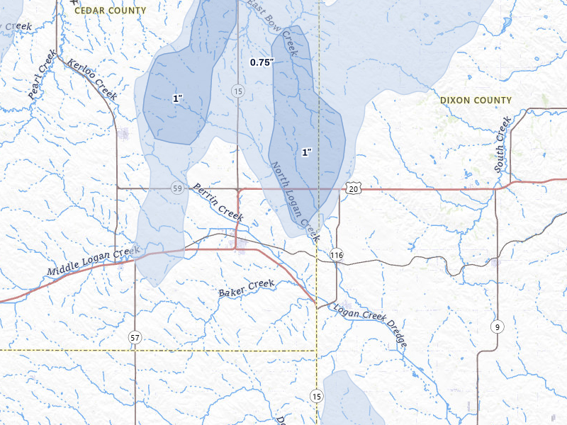NEXRAD radar-signature map of the hail storm over Laurel, NE on Jun 30, 2026