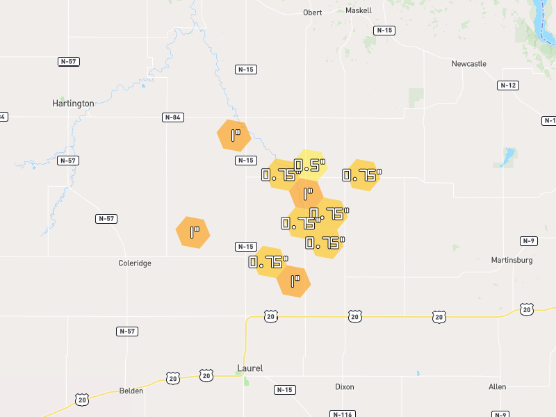 Hail map of Laurel, NE on Jul 1, 2026, hail up to 1"