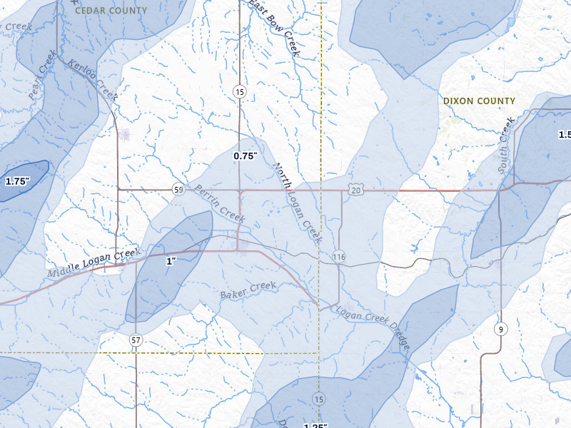 NEXRAD radar-signature map of the hail over Laurel, NE