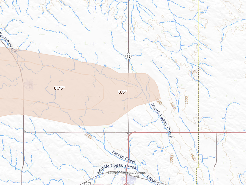 Radar-estimated hail-size map of the storm over Laurel, NE on Aug 11, 2026