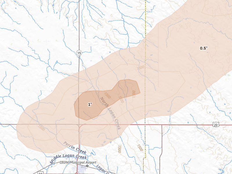 Radar-estimated hail-size map of the storm over Laurel, NE on Sep 1, 2026