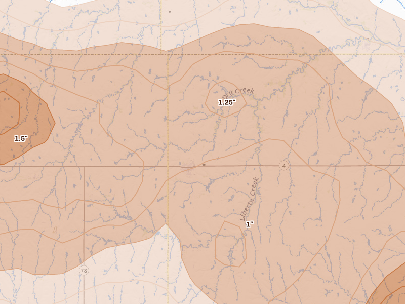 Radar-estimated hail-size map of the storm over Lawrence, NE on May 16, 2026