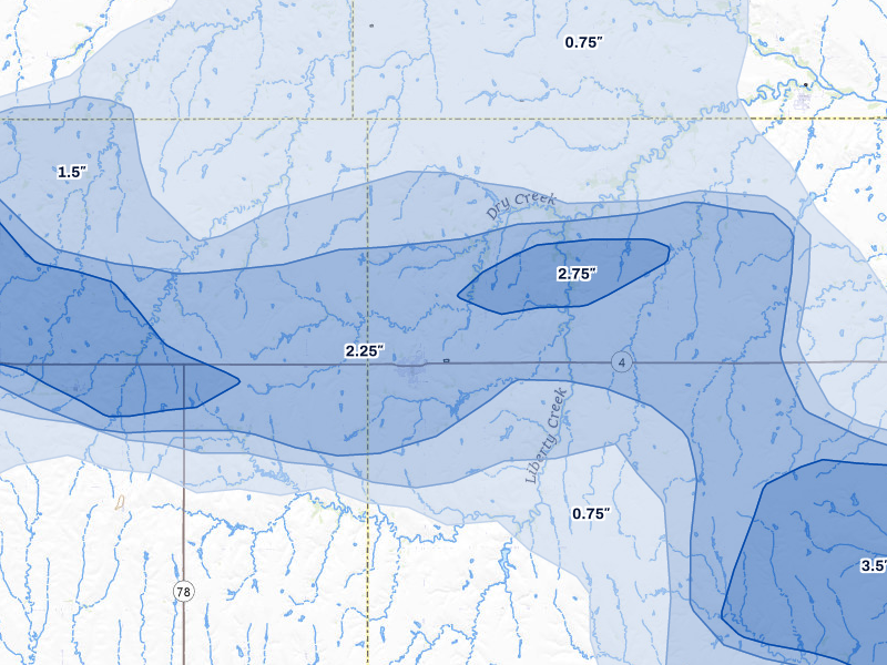NEXRAD radar-signature map of the hail storm over Lawrence, NE on May 16, 2026