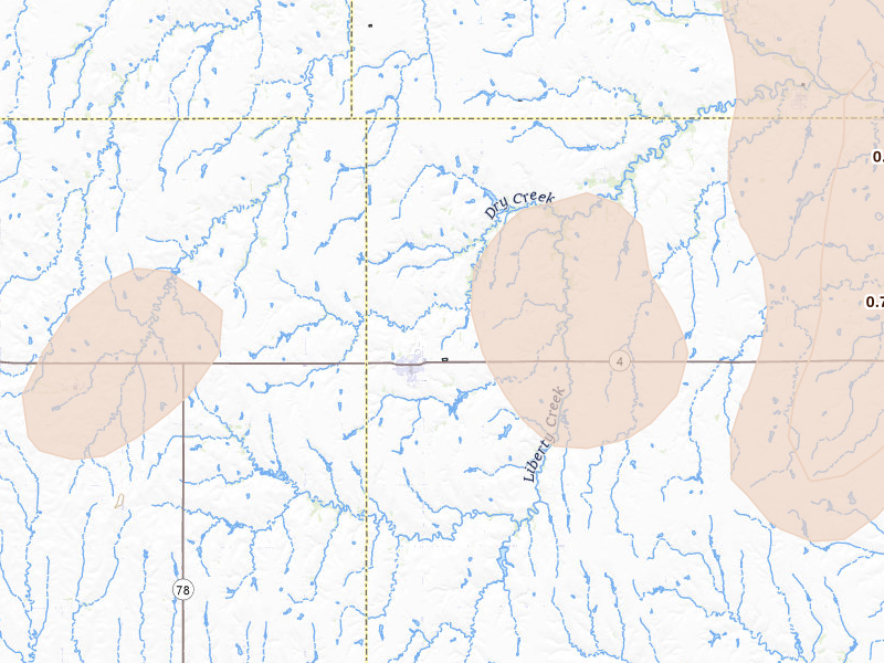 Radar-estimated hail-size map of the storm over Lawrence, NE on Jun 5, 2026