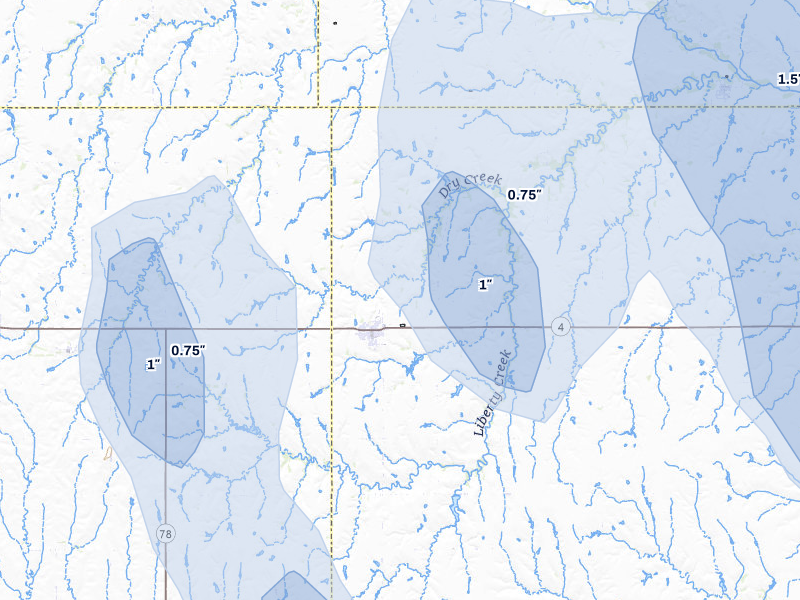 NEXRAD radar-signature map of the hail storm over Lawrence, NE on Jun 5, 2026