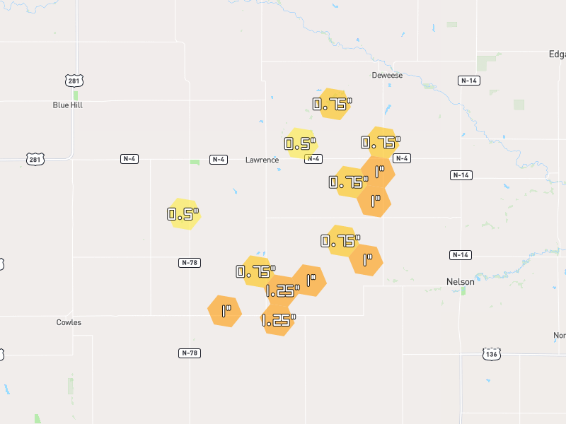 Hail map of Lawrence, NE on Jul 4, 2026, hail up to 1.25"