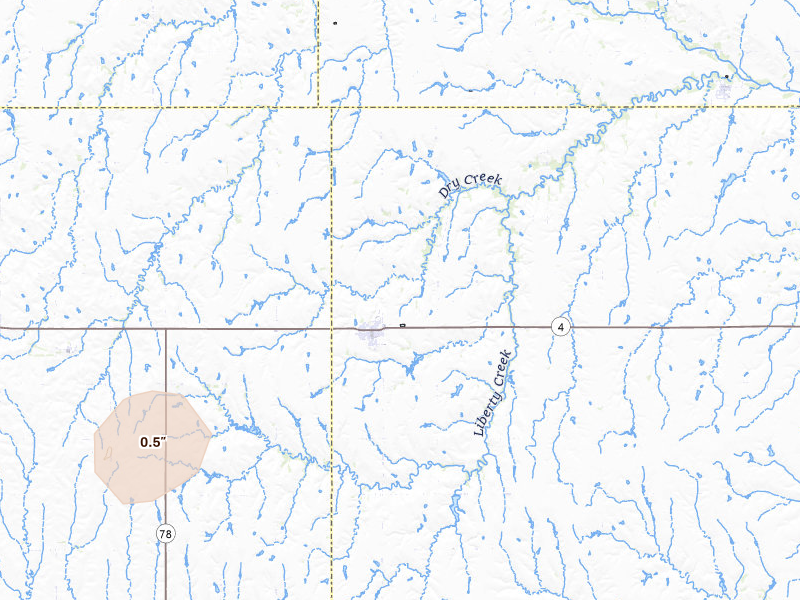 Radar-estimated hail-size map of the storm over Lawrence, NE on Jul 27, 2026