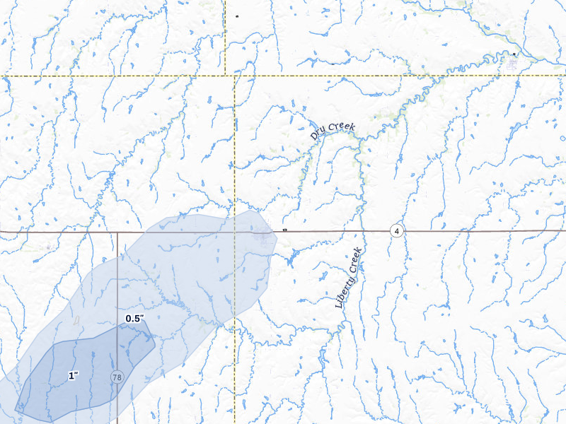 NEXRAD radar-signature map of the hail storm over Lawrence, NE on Jul 27, 2026