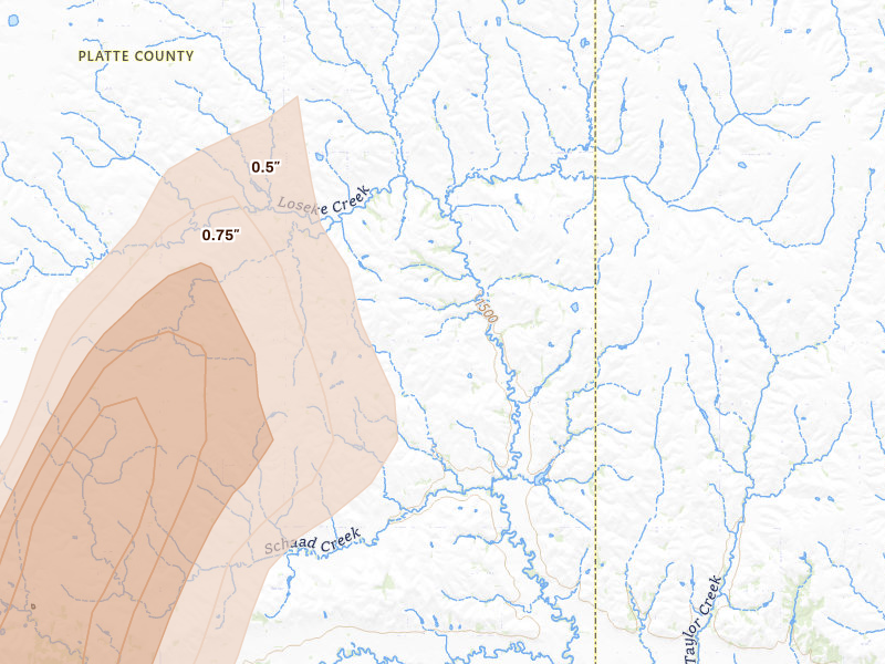 Radar-estimated hail-size map of the storm over Leigh, NE on May 16, 2026