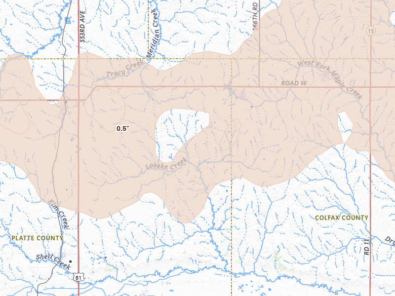 Radar-estimated hail-size map of the storm over Leigh, NE on Aug 12, 2026