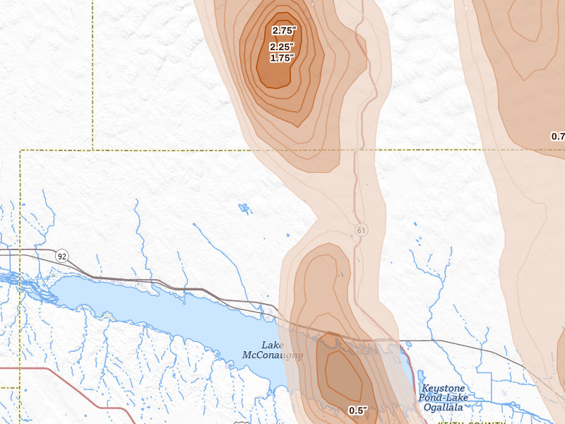 Radar-estimated hail-size map of the storm over Lemoyne, NE on Aug 27, 2026