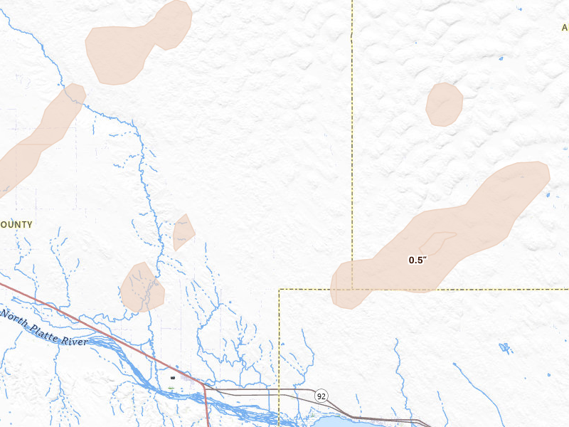 Radar-estimated hail-size map of the storm over Lewellen, NE on Jun 9, 2026