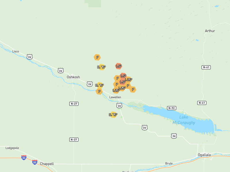 Hail map of Lewellen, NE on Jul 1, 2026, hail up to 1.5"