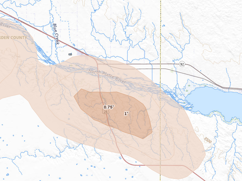Radar-estimated hail-size map of the storm over Lewellen, NE on Aug 17, 2026