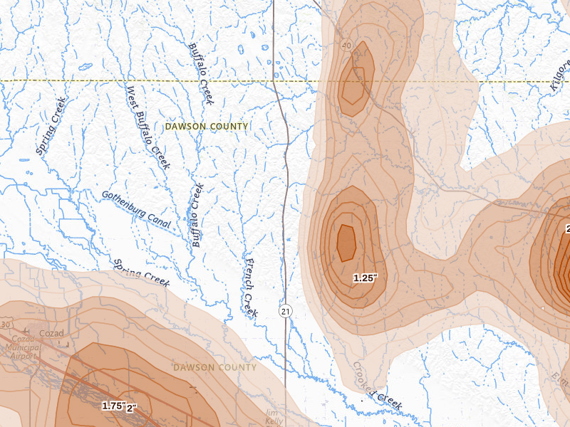 Radar-estimated hail-size map of the storm over Lexington, NE on May 16, 2026