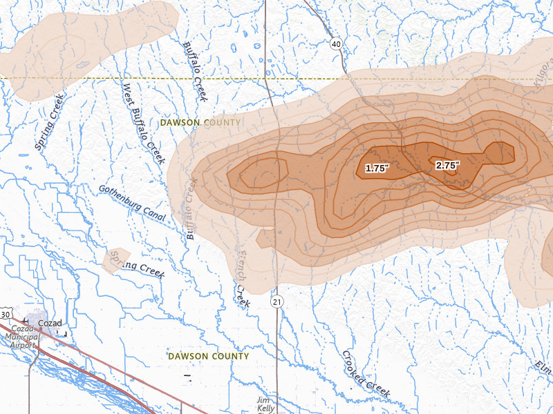 Radar-estimated hail-size map of the storm over Lexington, NE on Jun 8, 2026