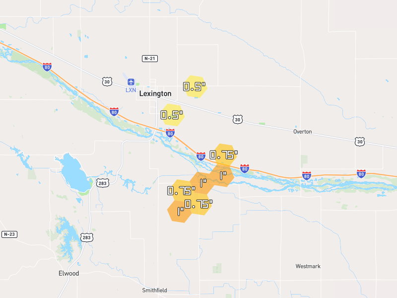 Hail map of Lexington, NE on Jul 3, 2026, hail up to 1"