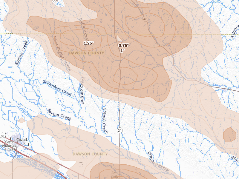 Radar-estimated hail-size map of the storm over Lexington, NE on Jul 30, 2026