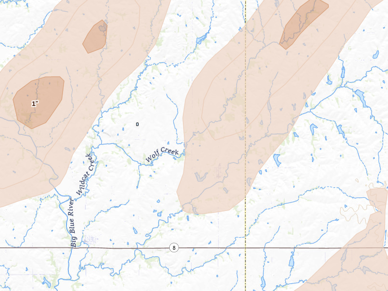 Radar-estimated hail-size map of the storm over Liberty, NE on Apr 23, 2026