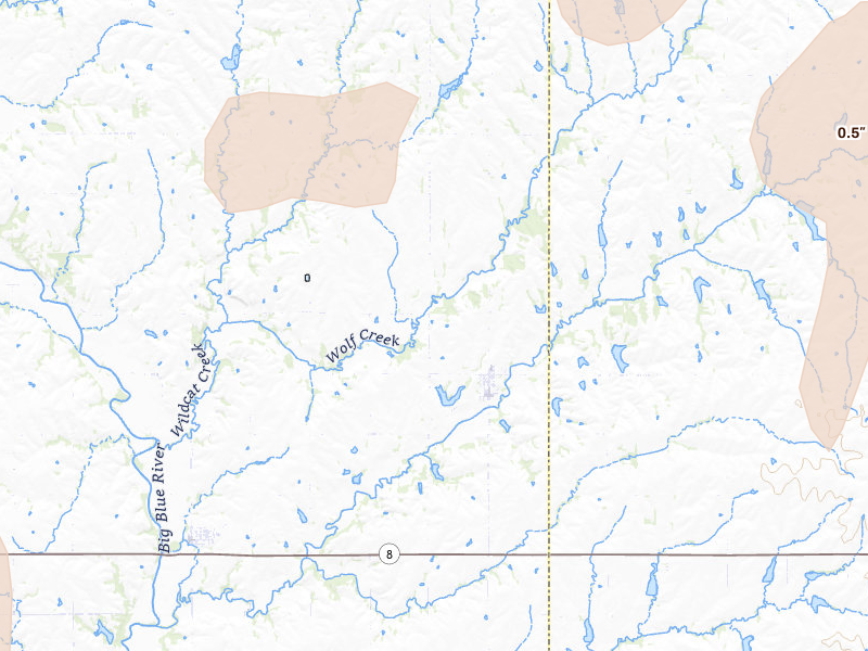 Radar-estimated hail-size map of the storm over Liberty, NE on May 17, 2026