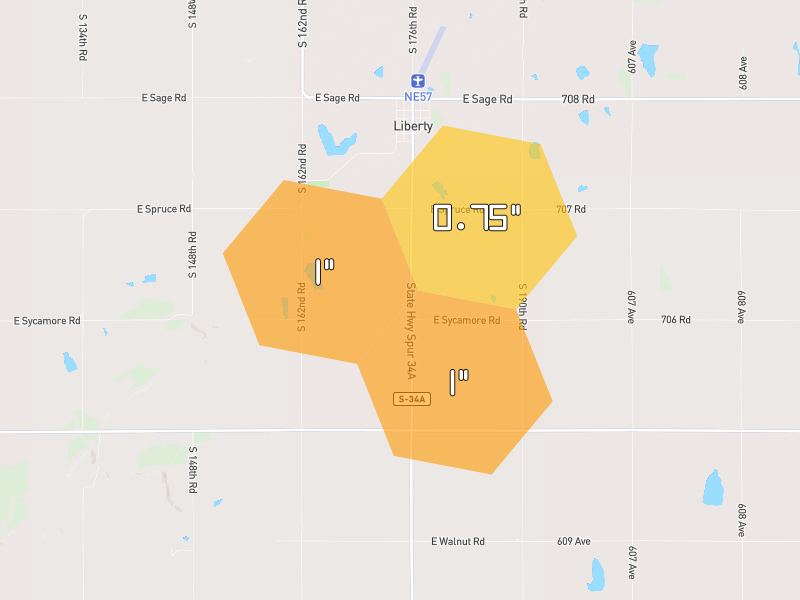 Hail map of Liberty, NE on Jul 4, 2026, hail up to 1"