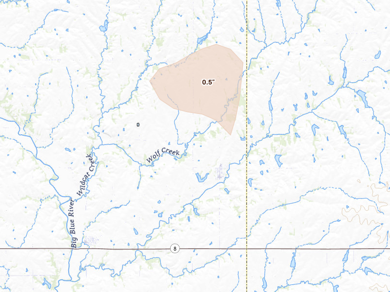 Radar-estimated hail-size map of the storm over Liberty, NE on Aug 6, 2026