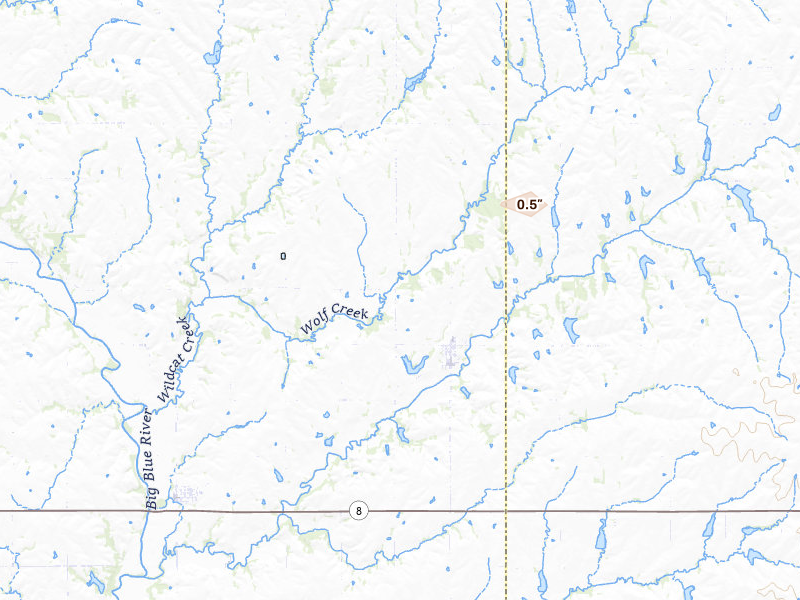 Radar-estimated hail-size map of the storm over Liberty, NE on Aug 7, 2026