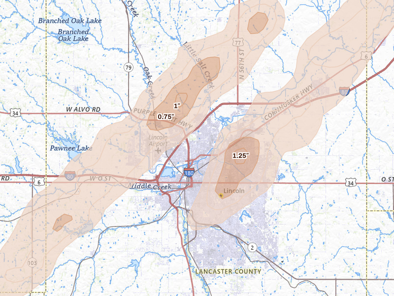 Radar-estimated hail-size map of the storm over Lincoln, NE on Apr 23, 2026