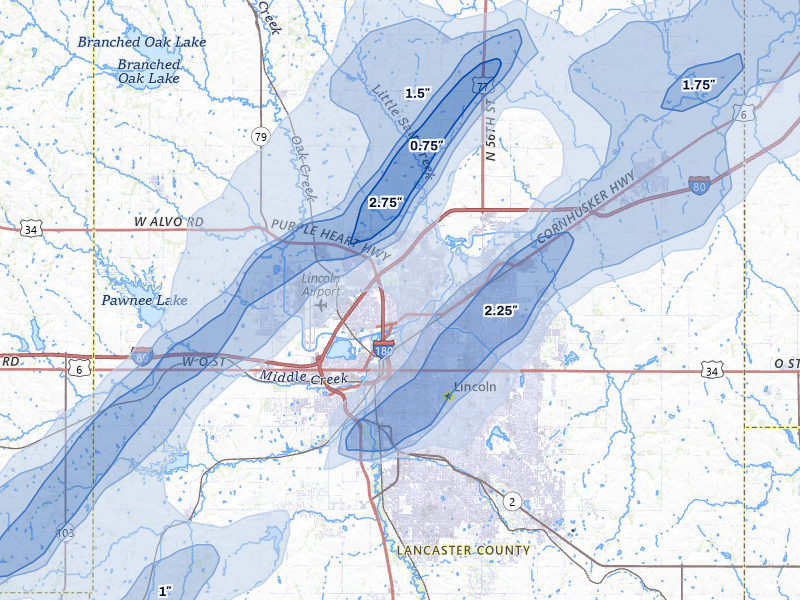 NEXRAD radar-signature map of the hail over Lincoln, NE