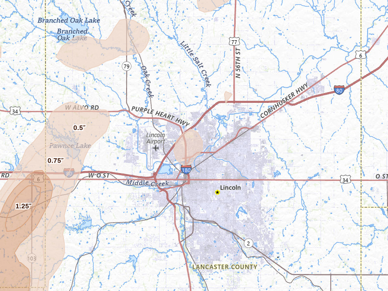 Radar-estimated hail-size map of the storm over Lincoln, NE on May 16, 2026