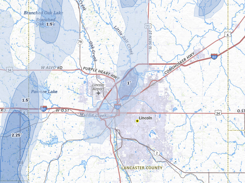 NEXRAD radar-signature map of the hail storm over Lincoln, NE on May 16, 2026