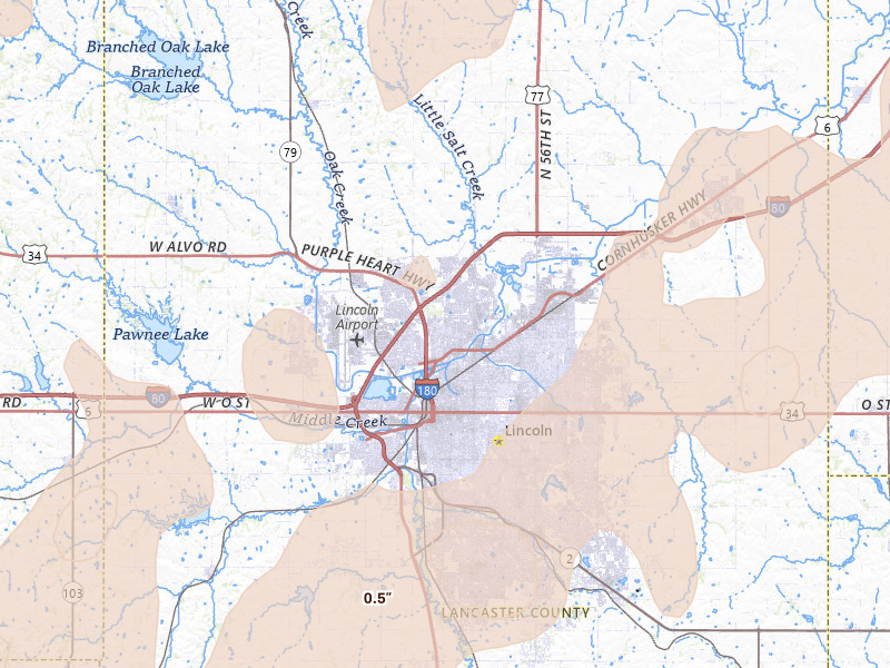 Radar-estimated hail-size map of the storm over Lincoln, NE on May 17, 2026