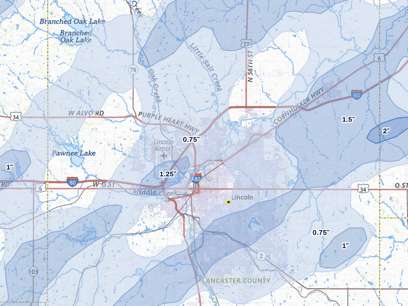 NEXRAD radar-signature map of the hail storm over Lincoln, NE on May 17, 2026