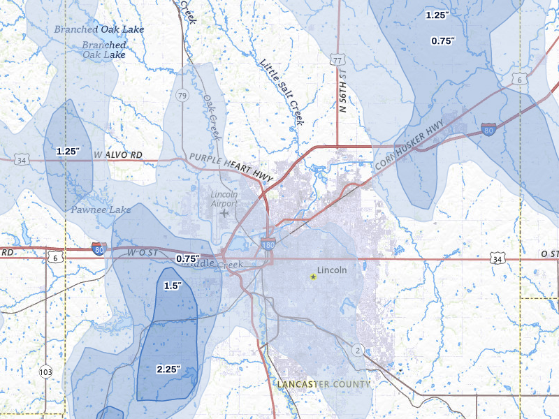 NEXRAD radar-signature map of the hail storm over Lincoln, NE on Jun 1, 2026