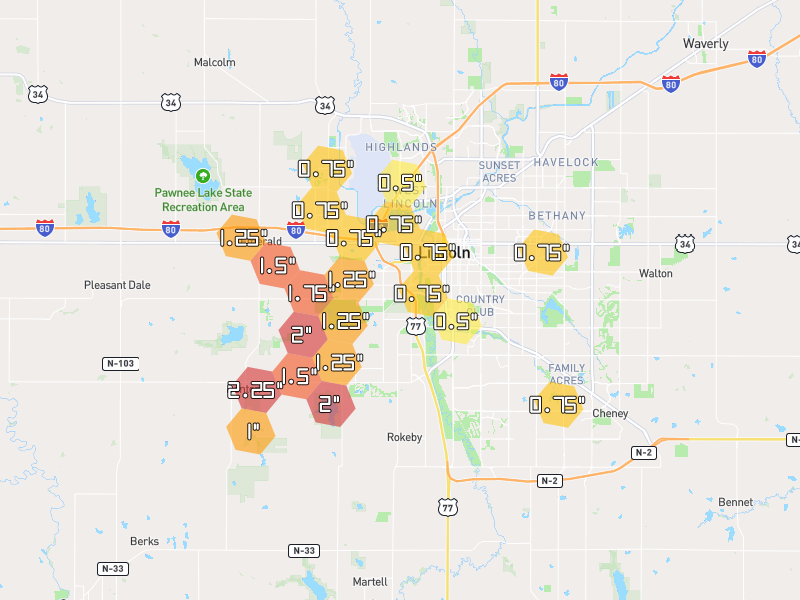 Hail map of Lincoln, NE on Jun 2, 2026, hail up to 2.25"
